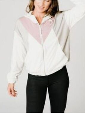 Zyia Active USA Women's White, Blush & Light Gray Colorblock Zip Hoodie